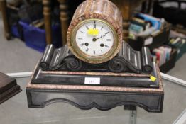 A CIRCULAR TOP SLATE MANTLE CLOCK - GLASS A/F TOGETHER WITH AN OAK CASED MANTLE CLOCK (2)