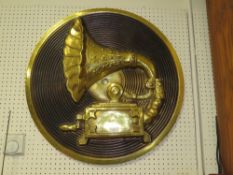 A LARGE VINTAGE PLASTIC GRAMOPHONE DISPLAY SIGN, APPROX DIA 69 CM