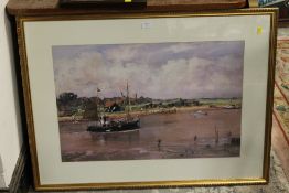 A GILT FRAMED AND GLAZED PRINT OF A FISHING BOAT ON THE RIVER