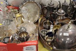 TWO TRAYS OF ASSORTED GLASS AND METALWARE TO INCLUDE DECANTERS, GALLERY TRAY ETC