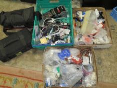 THREE TRAYS OF VARIOUS ELECTRICAL FITTINGS, CONNECTORS, TOOLS, TWO GAS TESTERS AND A BRADY THERMAL
