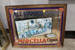 A FRAMED ADVERTISING MIRROR FOR MARCELLA CIGARS BY THE IMPERIAL TOBACCO COMPANY - THE INSET PAPER