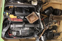 A TRAY OF ASSORTED CAMERAS, LENSES ETC
