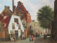 A MODERN OIL ON CANVAS DEPICTING A 19TH CENTURY STREET SCENE SIGNED E A JAMES