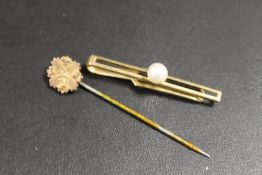 A 9CT GOLD CHESTER HALLMARKED STICK PIN TOGETHER WITH A PLATED EXAMPLE (2)