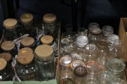 TWO TRAYS OF ASSORTED STORAGE / GLASS JARS ETC