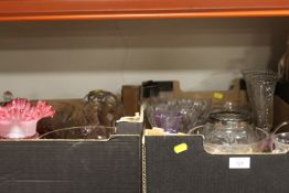 TWO TRAYS OF ASSORTED GLASSWARE TO INCLUDE CRANBERRY EXAMPLES