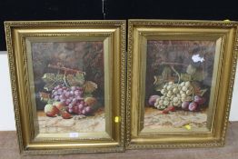 A PAIR OF GILT FRAMED OIL ON BOARD STILL LIFE SCENE - ONE WITH BADLY DAMAGED GLASS, SIGNED LOWER