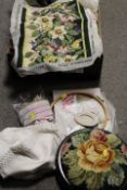 A TRAY OF ASSORTED TEXTILES, CROSS STITCH ACCESSORIES ETC