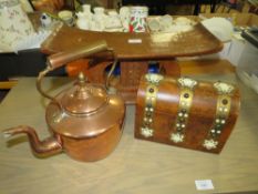AN UNUSUAL TRIBAL STOOL, WALNUT DOMED BOX AND A COPPER KETTLE (3)