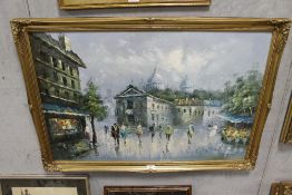 A GILT FRAMED OIL ON CANVAS OF A CONTINENTAL STREET SCENE, SIGNED PELBAN