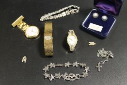A COLLECTION OF COSTUME JEWELLERY AND WATCHES ETC TO INCLUDE A PAIR OF WEDGWOOD EARRINGS