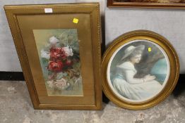A GILT FRAMED AND GLAZED STILL LIFE PAINTING OF ROSES, INDISTINCTLY SIGNED LOWER RIGHT, TOGETHER