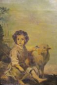 A GILT FRAMED OIL ON CANVAS OF A BOY WITH A SHEEP TOGETHER WITH A WATERCOLOUR OF PEOPLE BOATING ON A
