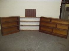 FOUR ITEMS TO INCLUDE A 2 TIER BOOKSHELVES, A PINE BOOK SHELF AND A SMALL PRESENTATION WALL SHELF