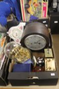 A TRAY OF CLOCKS TO INCLUDE MANTLE CLOCK, CARRIAGE CLOCKS ETC (TRAY/S NOT INCLUDED)