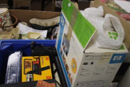 A BOXED H.P PHOTOSMART COMPACT PRINTER, BINOCULARS, CAMERAS ETC