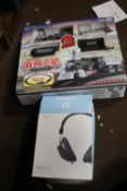 A BOXED CLASSIC TRAIN SET TOGETHER WITH A SET OF HEADPHONES ETC