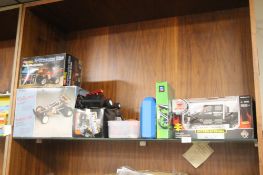 A SELECTION OF CARS AND TOYS TO INCLUDE RADIO CONTROL TRUCK, REMOTE CONTROL 4 WHEEL BIKE, MODEL