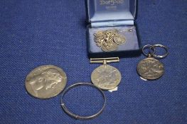 A COLLECTION OF MEDALS, BRACELET, ETC