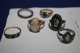 THREE 9CT GOLD LADIES DRESS RINGS TOGETHER WITH 3 SILVER RINGS