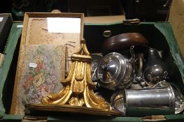 A TRAY OF ASSORTED METALWARE ETC (TRAY/S NOT INCLUDED)