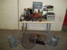TWO ZINC GALVANISED WATERING CANS AND A SELECTION OF TOOLS
