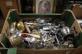 A TRAY OF ASSORTED METALWARE (TRAY/S NOT INCLUDED)