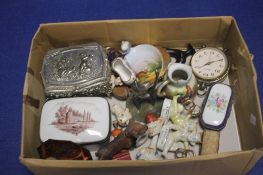 A BOX OF COLLECTABLES TO INCLUDE AN INGERSOL WATCH, CERAMICS ETC
