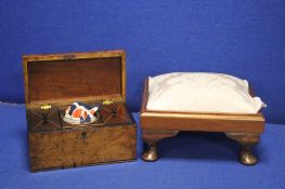 A WALNUT TEA CADDY TOGETHER WITH A STOOL