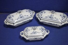 THREE BLUE AND WHITE LIDDED TUREENS