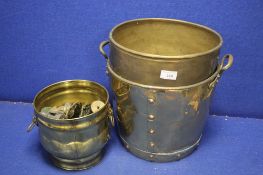 TWO BRASS COAL BUCKETS, SMALL BRASS POT AND A COLLECTION OF BRASS WEIGHTS