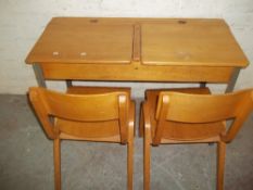 A VINTAGE SCHOOL DESK AND 2 CHAIRS