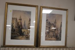 A PAIR OF GILT FRAMED PICTURES UNDER GLASS OF STREET SCENES DATED 1912 AND 1914