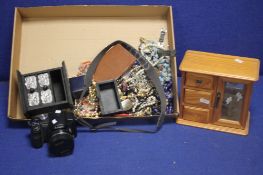 A BOX OF ASSORTED COSTUME JEWELLERY A PANASOMIC CAMERA ETC