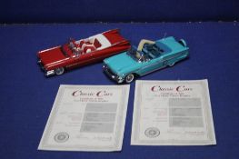 TWO DAMBURY MINT CARS TO INCLUDE TURQUOISE 1958 CHEVROLET AND RED CADILLAC WITH CERTIFICATES