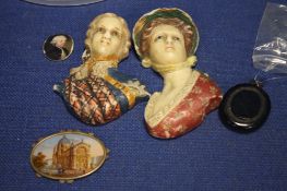 TWO RESIN HEADS, TWO MINIATURE PORTRAITS ETC