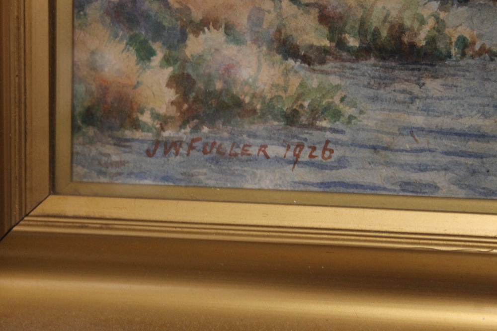 A FRAMED AND GLAZED WATERCOLOUR SIGNED J. W. FULLER - Image 2 of 2