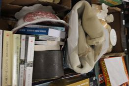 A TRAY OF SUNDRIES TO INCLUDE A MANTLE CLOCK, BOOKS ETC (TRAY/S NOT INCLUDED)