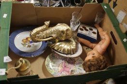 A TRAY OF SUNDRIES TO INCLUDE AN ELEPHANTS HEAD, DOLL ETC (TRAY/S NOT INCLUDED)