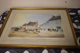 A FRAMED AND GLAZED PRINT OF A STREET SCENE SIGNED TO THE LOWER RIGHT