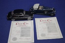A PAIR DAMBURY MINT CARS TO INCLUDE A BLACK MERCURY CLUB 1949 COUPE TOGETHER WITH A BLUE HISPANO