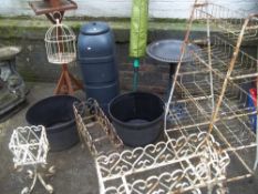 A SELECTION OF GARDEN ITEMS TO INCLUDE WROUGHT IRON PLANTERS