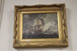 A GILT FRAMED OIL ON CANVAS OF A SHIP