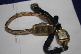 A LADIES 9 CT GOLD DRESS WATCH ON EXPANDING STRAP TOGETHER WITH A PLATED EXAMPLE