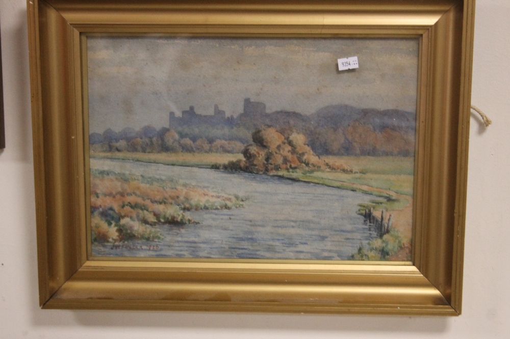 A FRAMED AND GLAZED WATERCOLOUR SIGNED J. W. FULLER