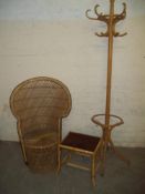 A WICKER PEACOCK CHAIR, A BAMBOO STOOL AND A COAT/HAT STAND S/D