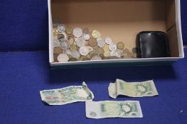 A BOX OF ASSORTED COINS AND BANK NOTES