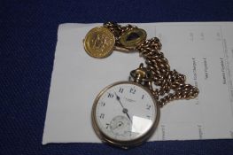 A GOLD POCKET WATCH AND ALBERT CHAIN