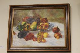 AN OIL ON BOARD SCENE OF FRUIT ON A TABLE 49 CM X 39 CM